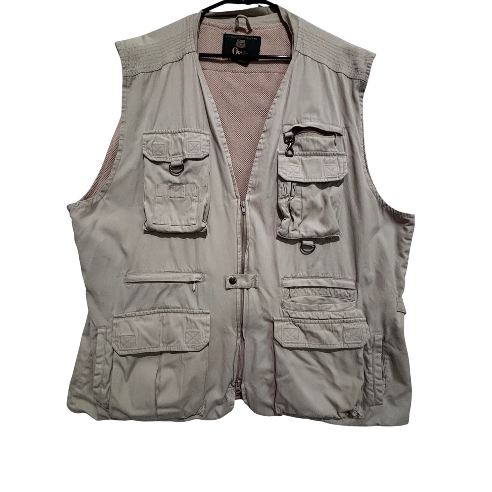 Orvis Mens XXL Tan Cotton Multi Pocket Utility Fishing Safari Vest Mesh Lined